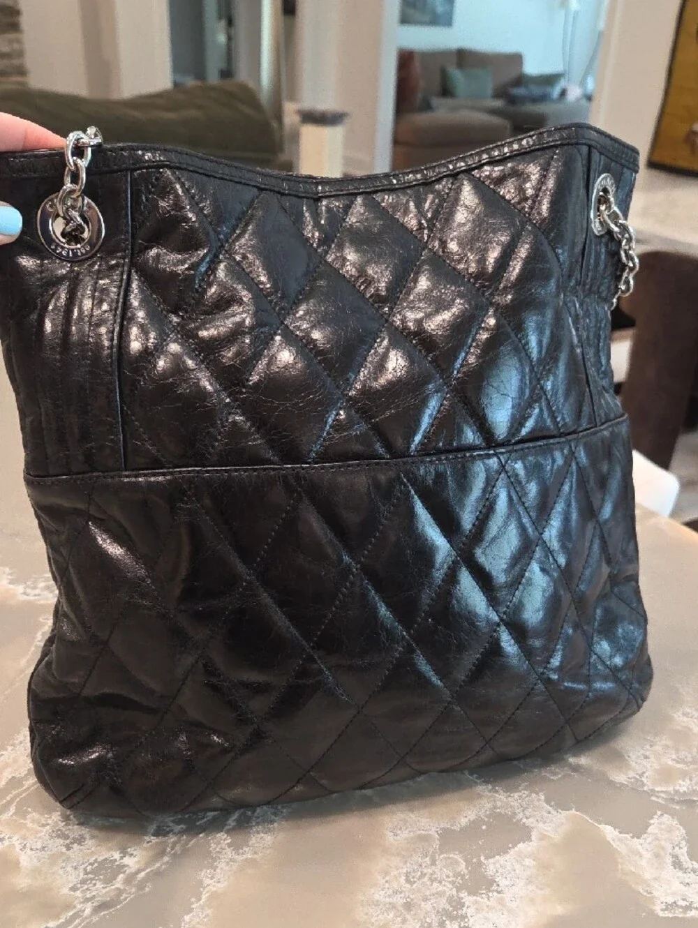 Coach Black Quilted Leather Shoulder Bag with Silver Chain